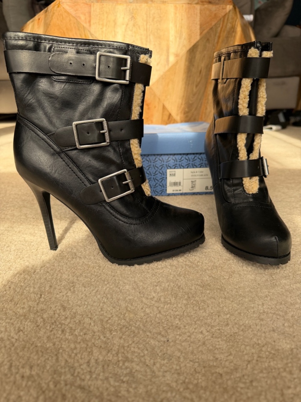 Simply Vera Women's Black Faux-Shearling Buckle Ankle Boots